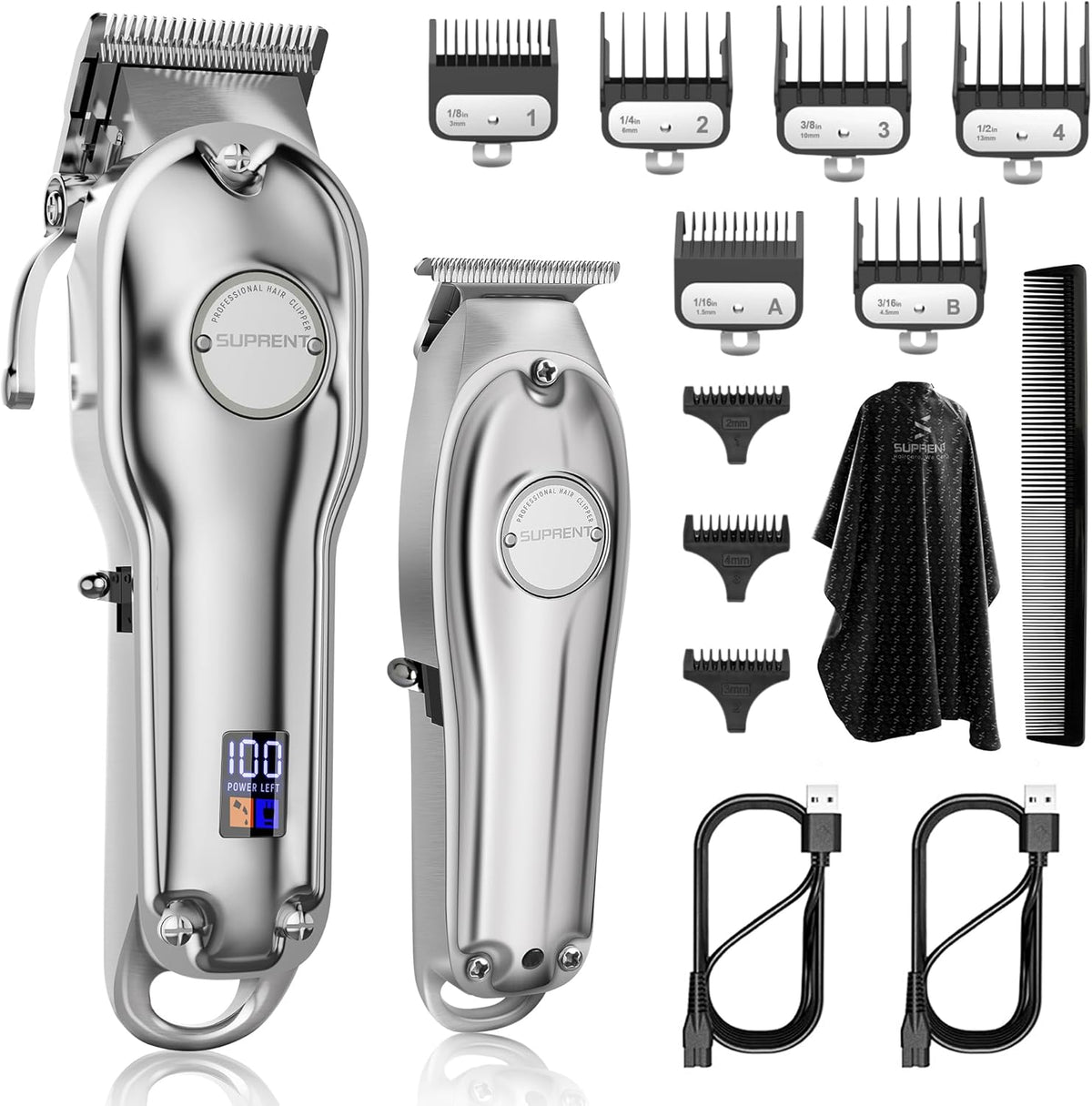 SUPRENT® Silver Edition Pro Barber Kit Cordless Hair Clipper T-Blade Trimmer