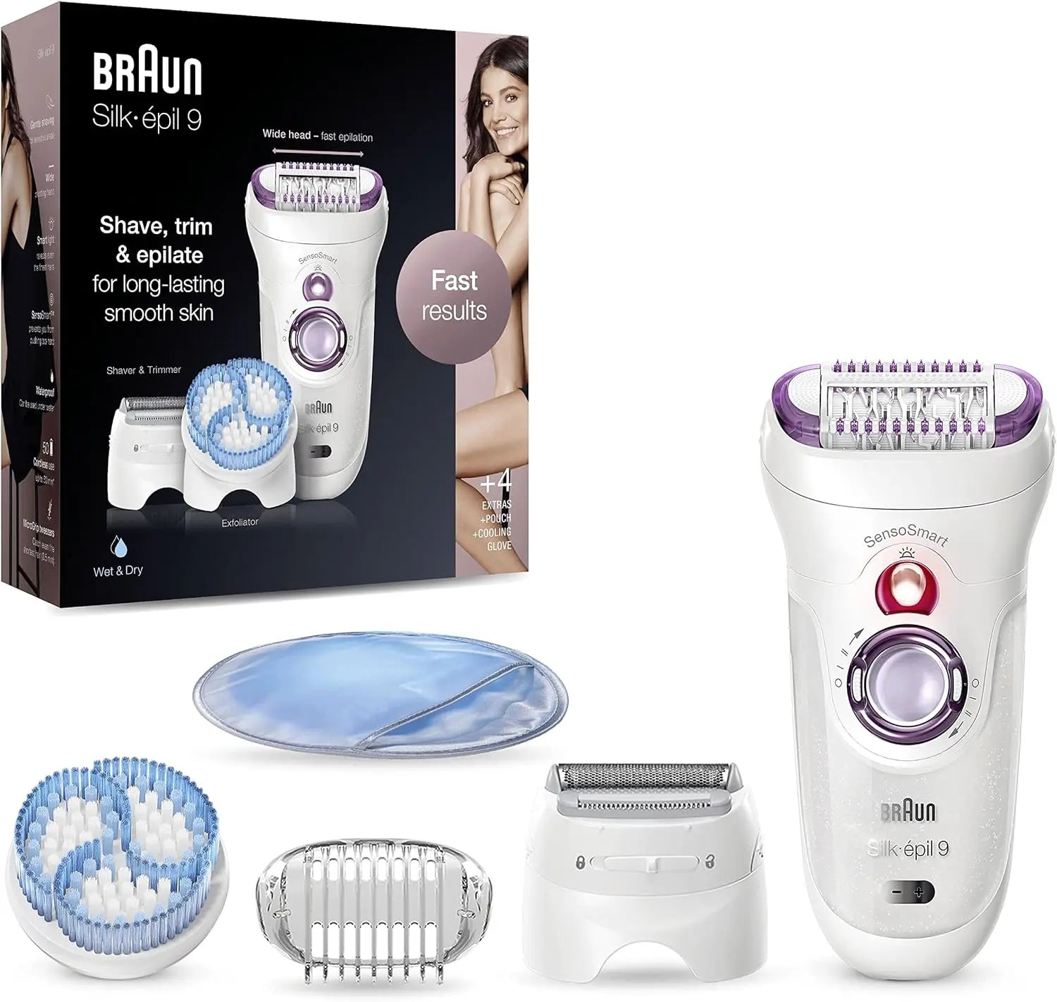 Braun Epilator Silk-épil 9 9-720, Hair Removal Device, Epilator for Women, Wet/Dry, Waterproof, 3-in-1 Epilate, Shave, or Trim, Salon-Like Smooth Skin, Womens Shaver & Trimmer, Cordless, Rechargeable.